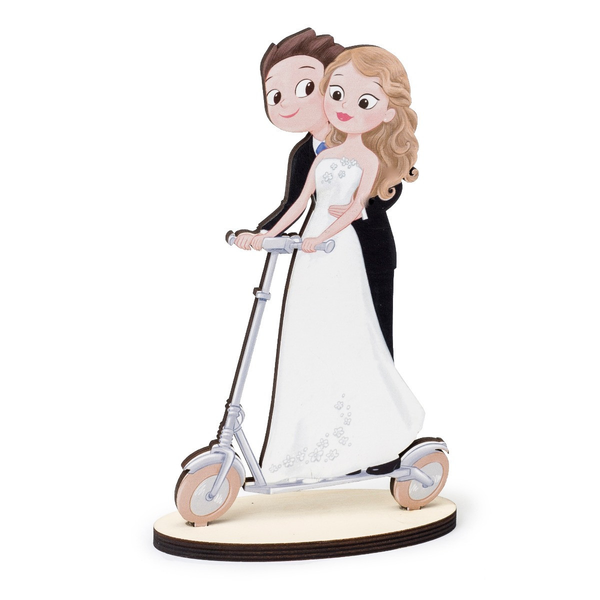 Figura de noivos de madeira para bolos de casamento com patinete elétrico