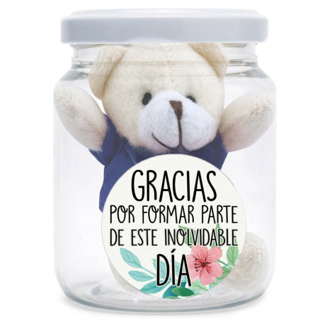 Chaveiro com ursinhos de pelúcia em frasco transparente decorativo com adesivo de agradecimento