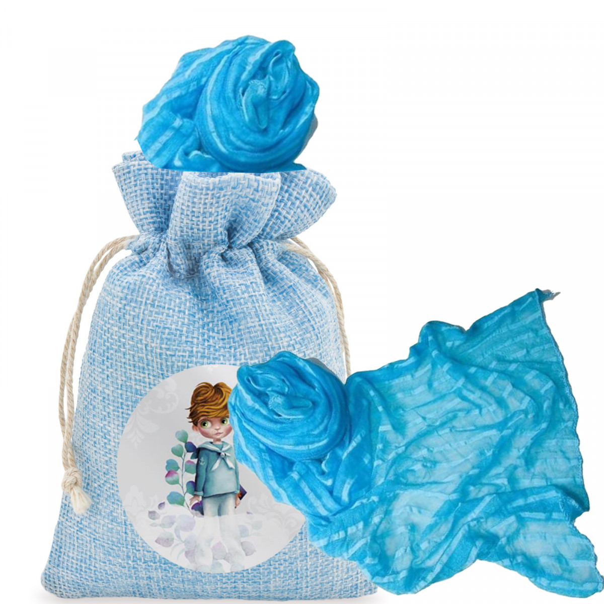 Lenço em bolsa de saco em tons de céu com adesivo para personalizar com imagem
