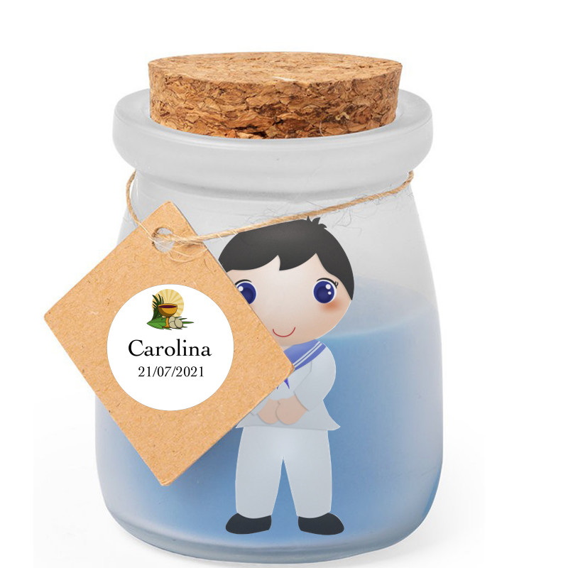 Vela com tampa de cortiça com adesivo de comunhão personalizado