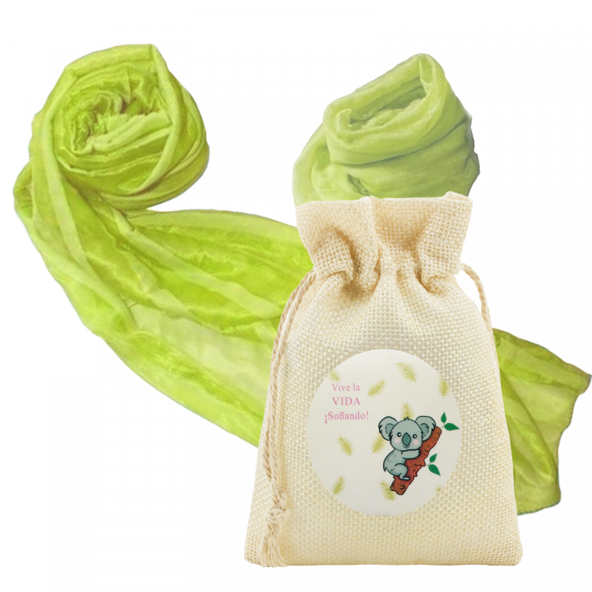 Lenço verde feminino em bolsa com adesivo emotivo para detalhe de aposentadoria