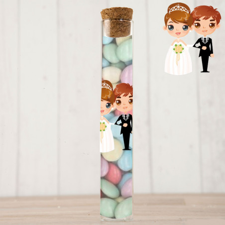 Tubo de lacas coloridas com adesivo de casamento