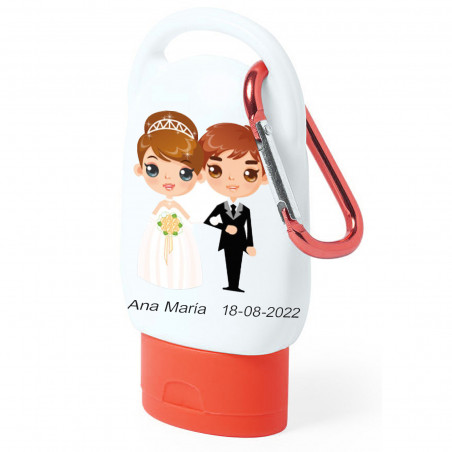 Protetor solar em frasco pequeno com adesivo de casamento