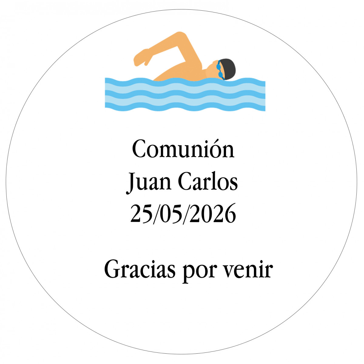 Adesivo redondo de 5 cm personalizado com nomes, data e frase de agradecimento