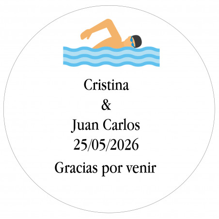 Adesivo redondo de 5 cm personalizado com nomes, data e frase de agradecimento