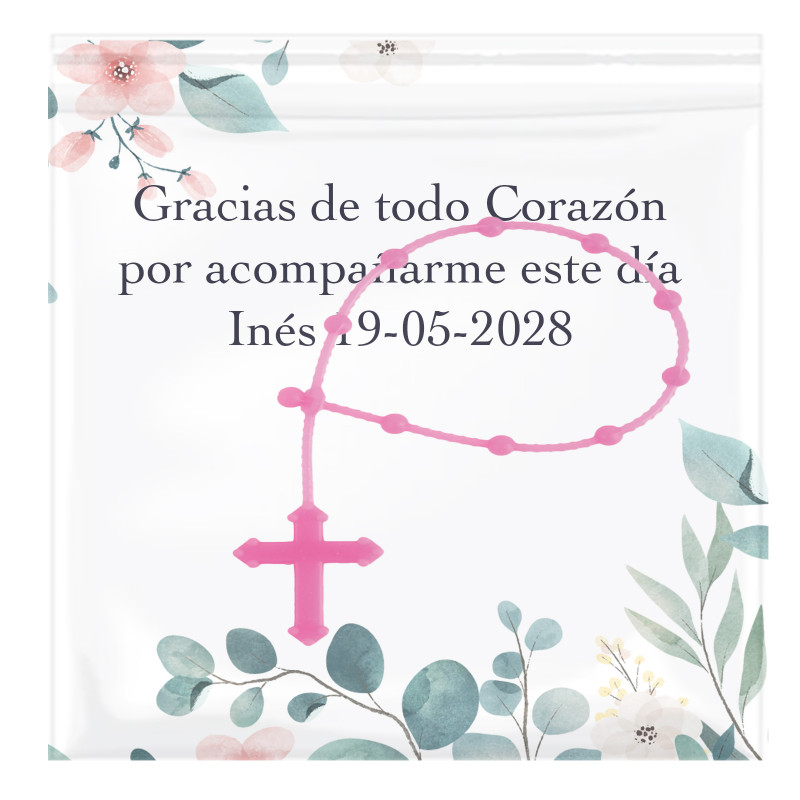 Rosário de borracha na cor rosa apresentado com cartão personalizado