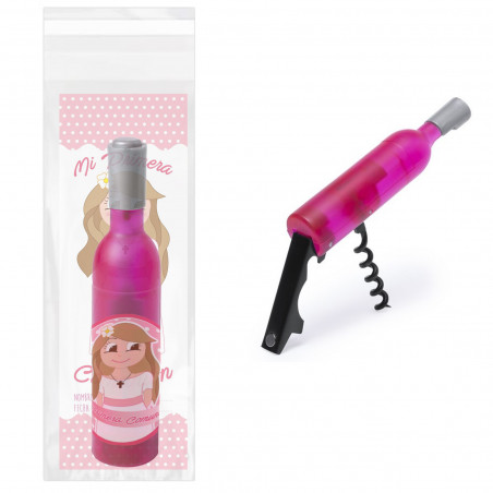 Saca rolhas de garrafa rosa com marcador e adesivo de comunhão de menina