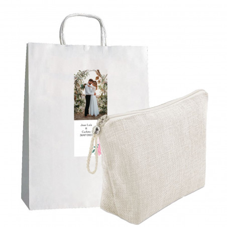 Bolsa de higiene feminina branca com bolsa de presente e adesivo personalizável com texto e foto