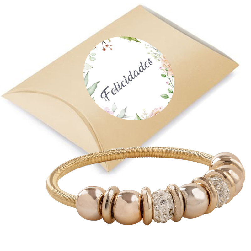 Pulseira feminina dourada com contas apresentada em caixa de papelão e adesivo personalizado com imagem