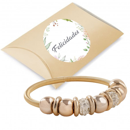 Pulseira feminina dourada com contas apresentada em caixa de papelão e adesivo personalizado com imagem