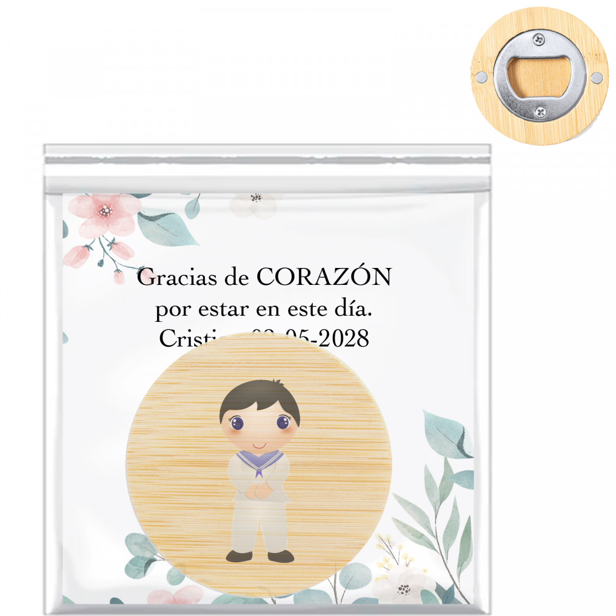 Abridor de garrafas com imã apresentado com cartão personalizável e adesivo de comunhão