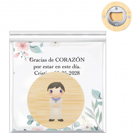 Abridor de garrafas com imã apresentado com cartão personalizável e adesivo de comunhão