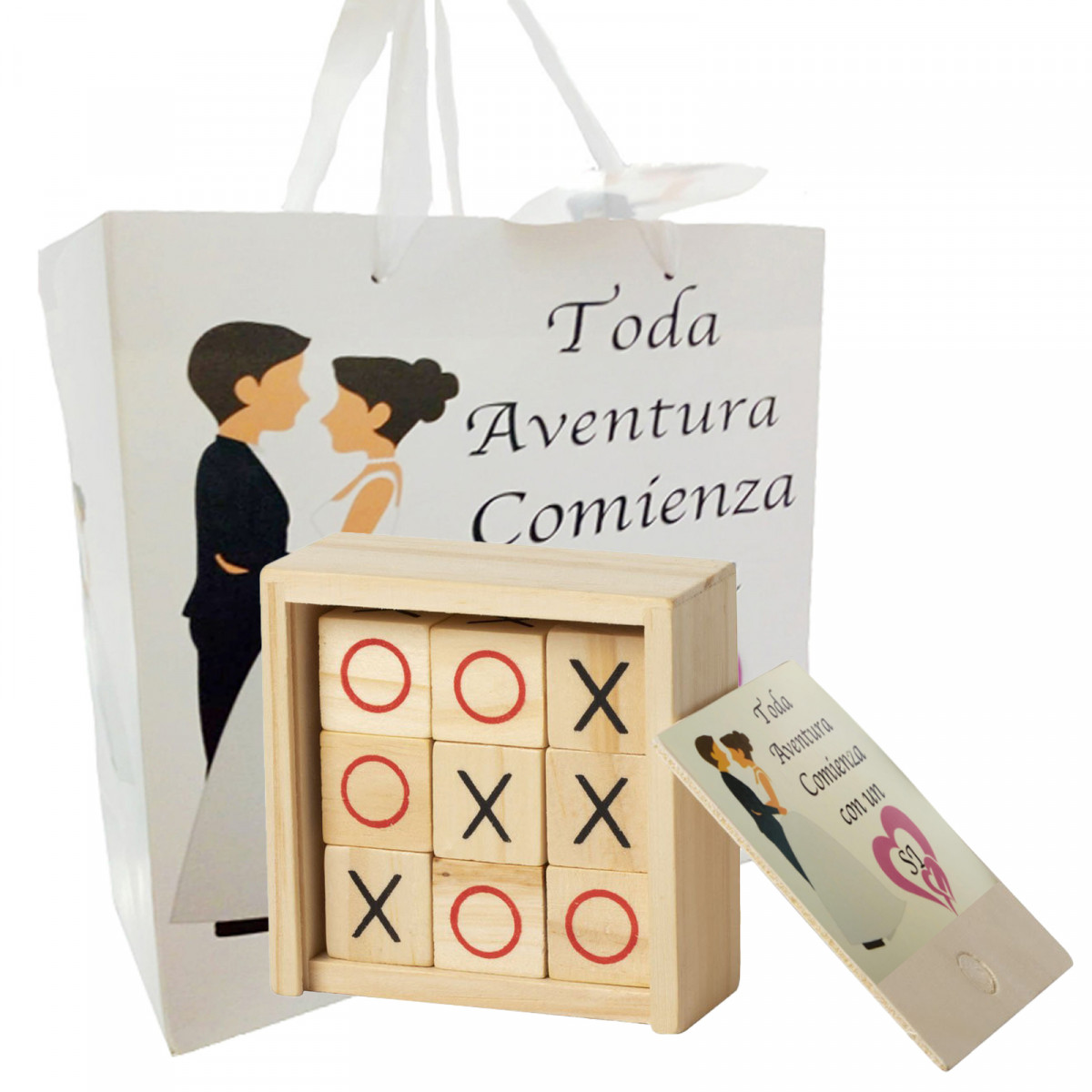 Três em linhas de madeira com bolsa de presente e adesivo de casamento