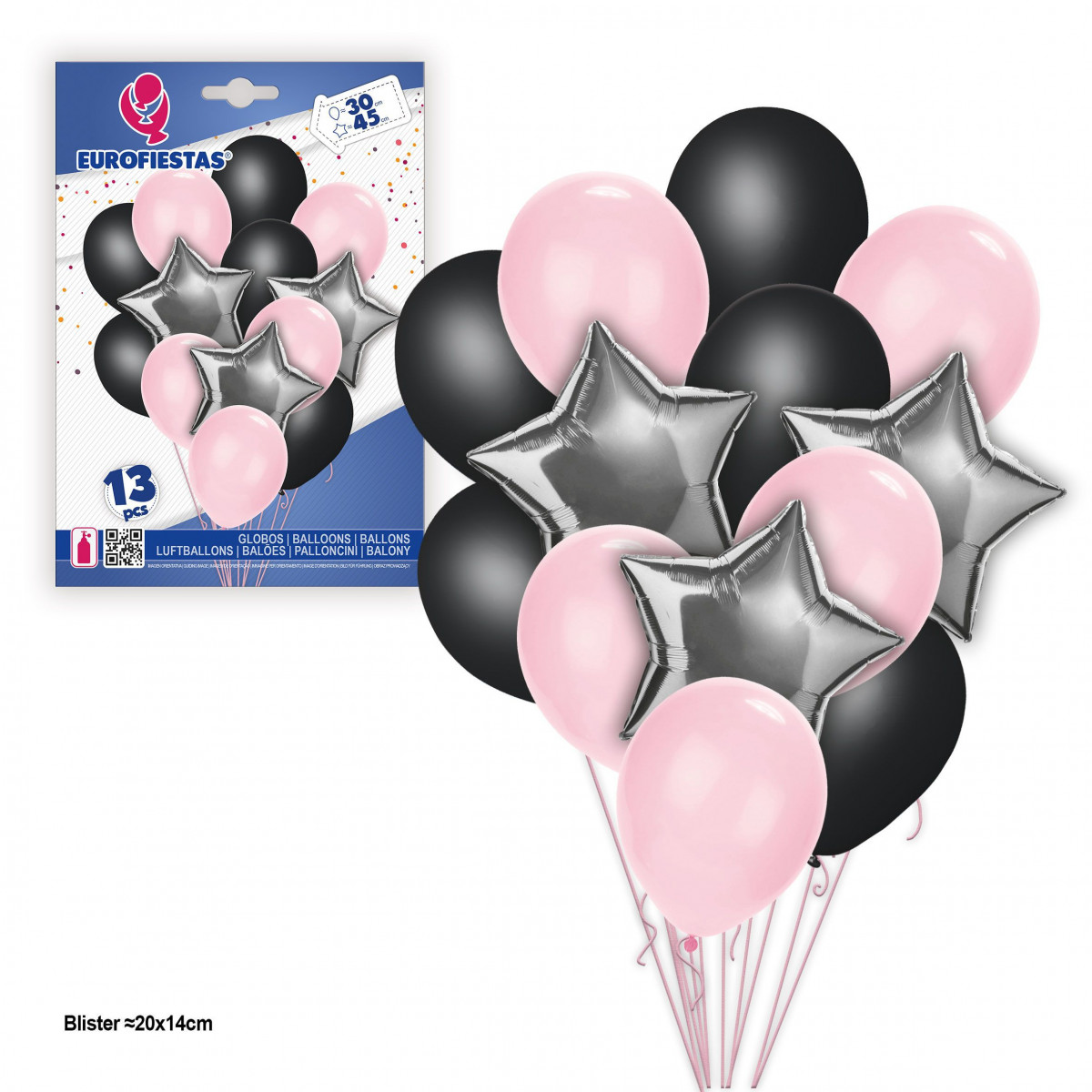 Conjunto de 13 balões de foil com estrelas rosa e prata