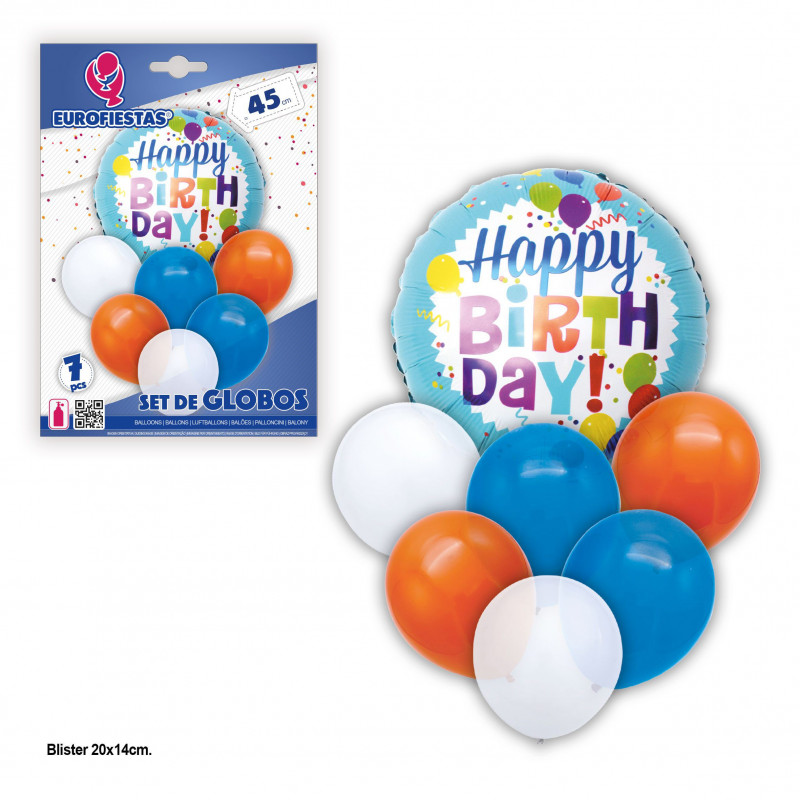 Conjunto de balões feliz aniversário azul laranja.