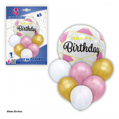 Conjunto de balões happy dourado e rosa