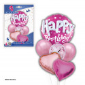 Conjunto de balões feliz aniversário corações fúcsia.