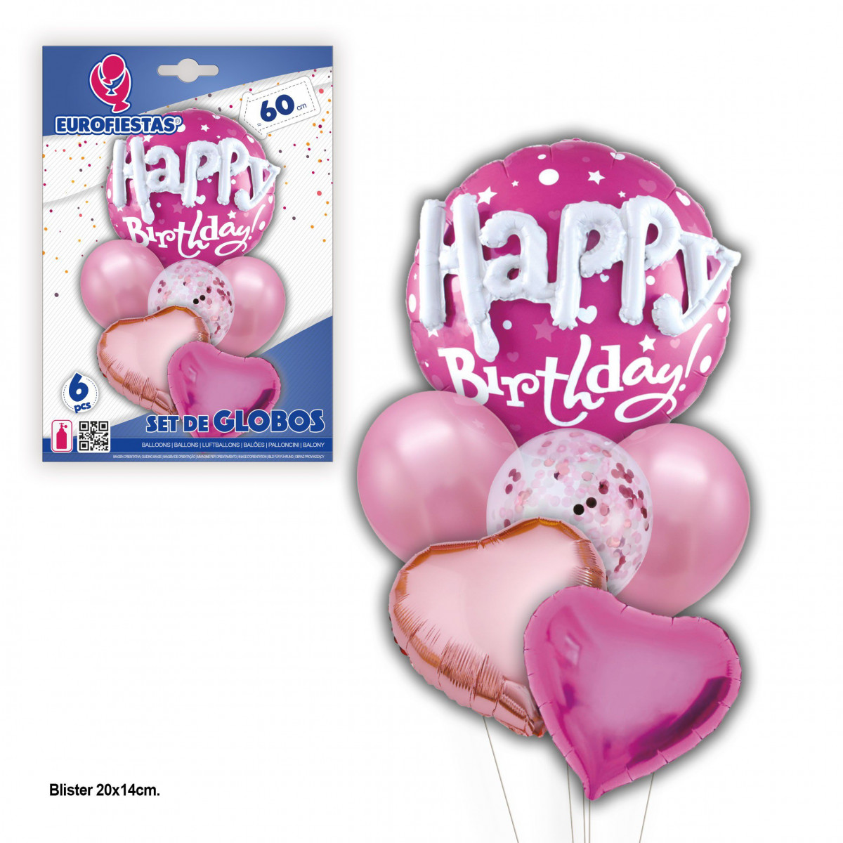 Conjunto de balões feliz aniversário corações fúcsia.