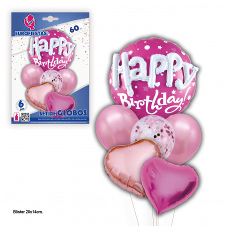 Balões de feliz aniversário com corações fúcsia