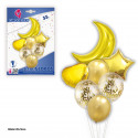 Conjunto de globos lua e estrelas douradas.