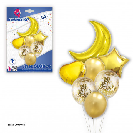 Conjunto de globos lua e estrelas douradas.