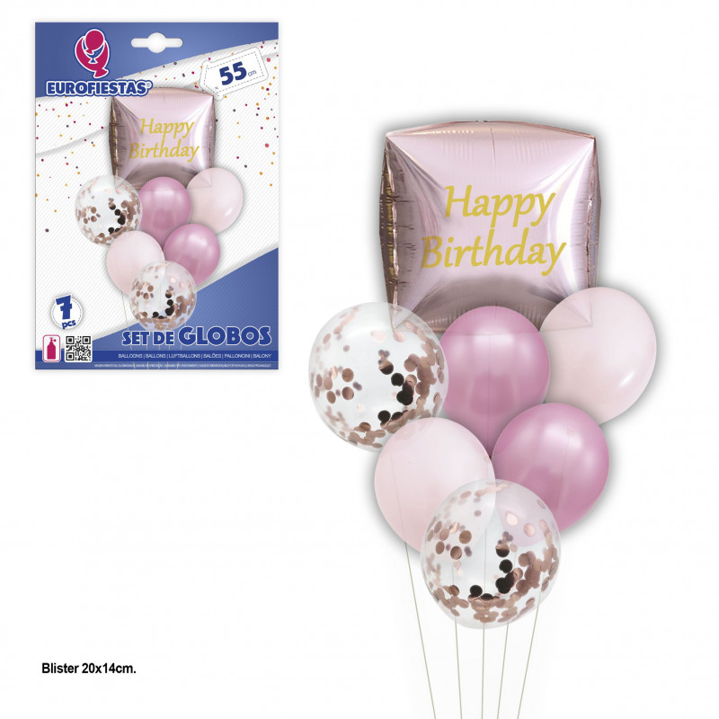 Conjunto de balões feliz aniversário cubo ouro rosa