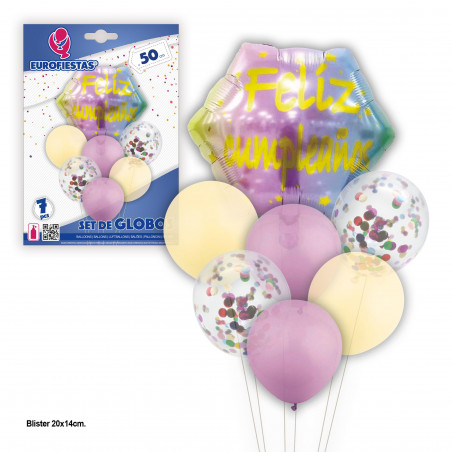 Balões de feliz aniversário com hexágono rosa e amarelo