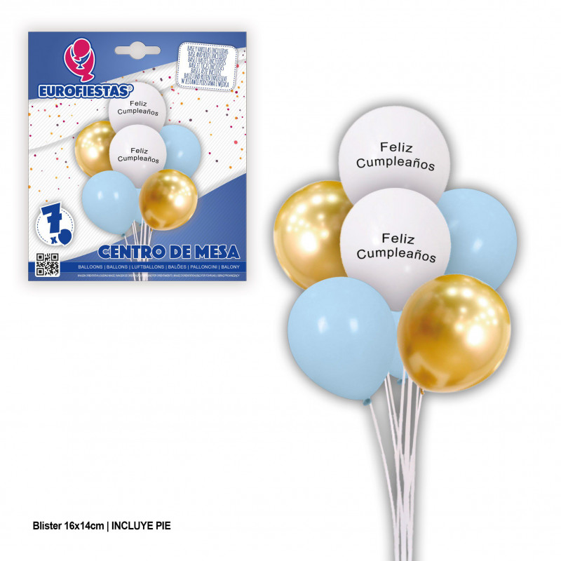 Conjunto de balões feliz aniversário branco azul ouro.