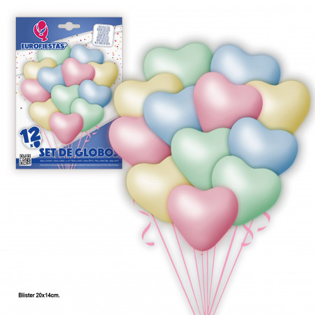 Conjunto de 12 balões de coração pastel