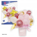 Conjunto de balões com vaso rosa.