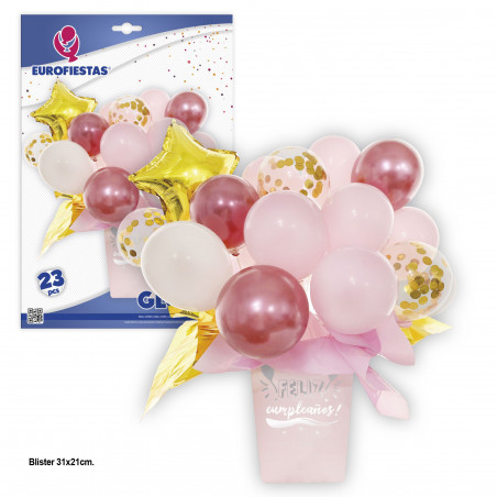 Conjunto de balões com vaso rosa.