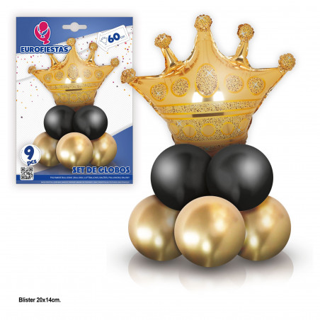 Conjunto de 8 balões cromados com coroa em folha de ouro