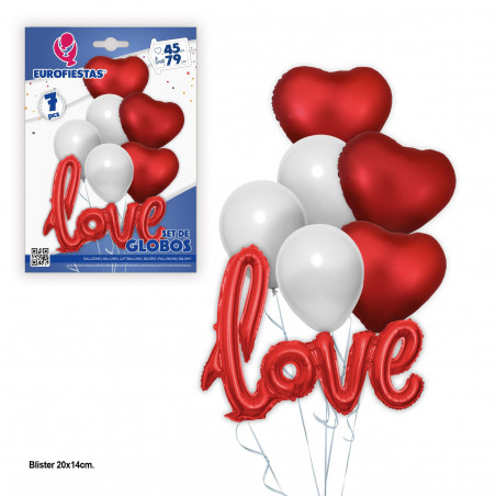 Conjunto de balões de foil 3 corações e love vermelhos com 3 látex brancos.