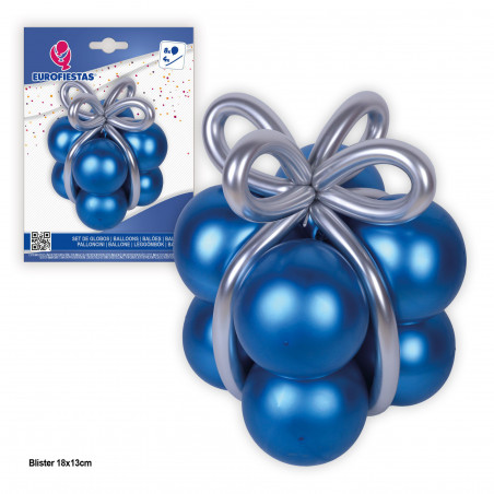 Balões em formato de presente azuis metálicos com laço prateado