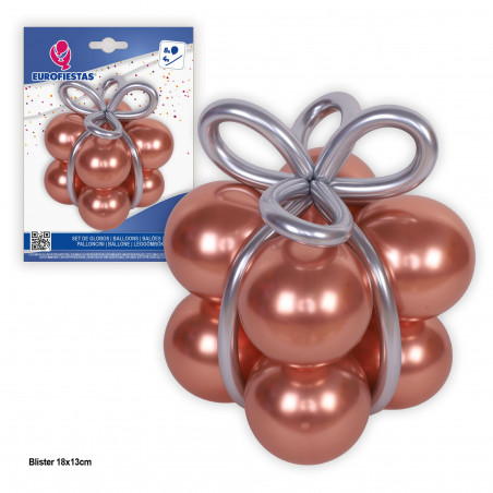Balões em forma de presente com laço prateado em ouro rosa