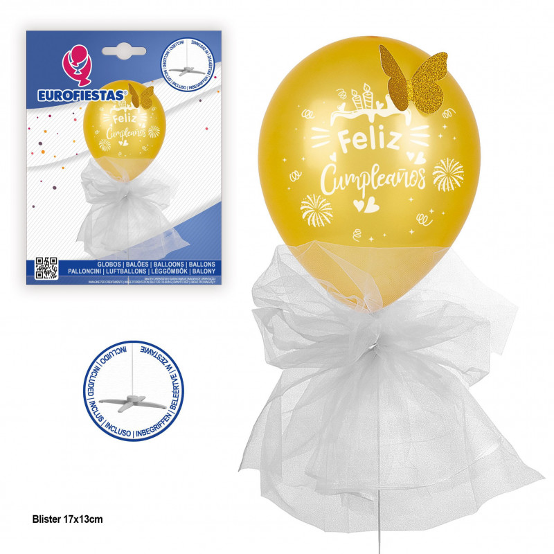 Globo feliz aniversário com pé de borboleta e tule dourado.