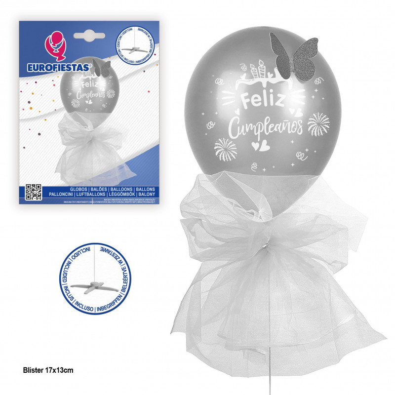Globo feliz aniversário com pé de borboleta e tule prata.