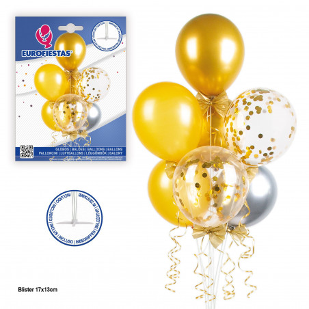 Árvore de balões com confetes e laços dourados