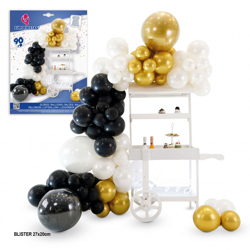 Conjunto de 90 globos preto, dourado e branco.