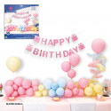 Conjunto de 53 balões em cores pastel, guirlanda "happy birthday" e 2 árvores.