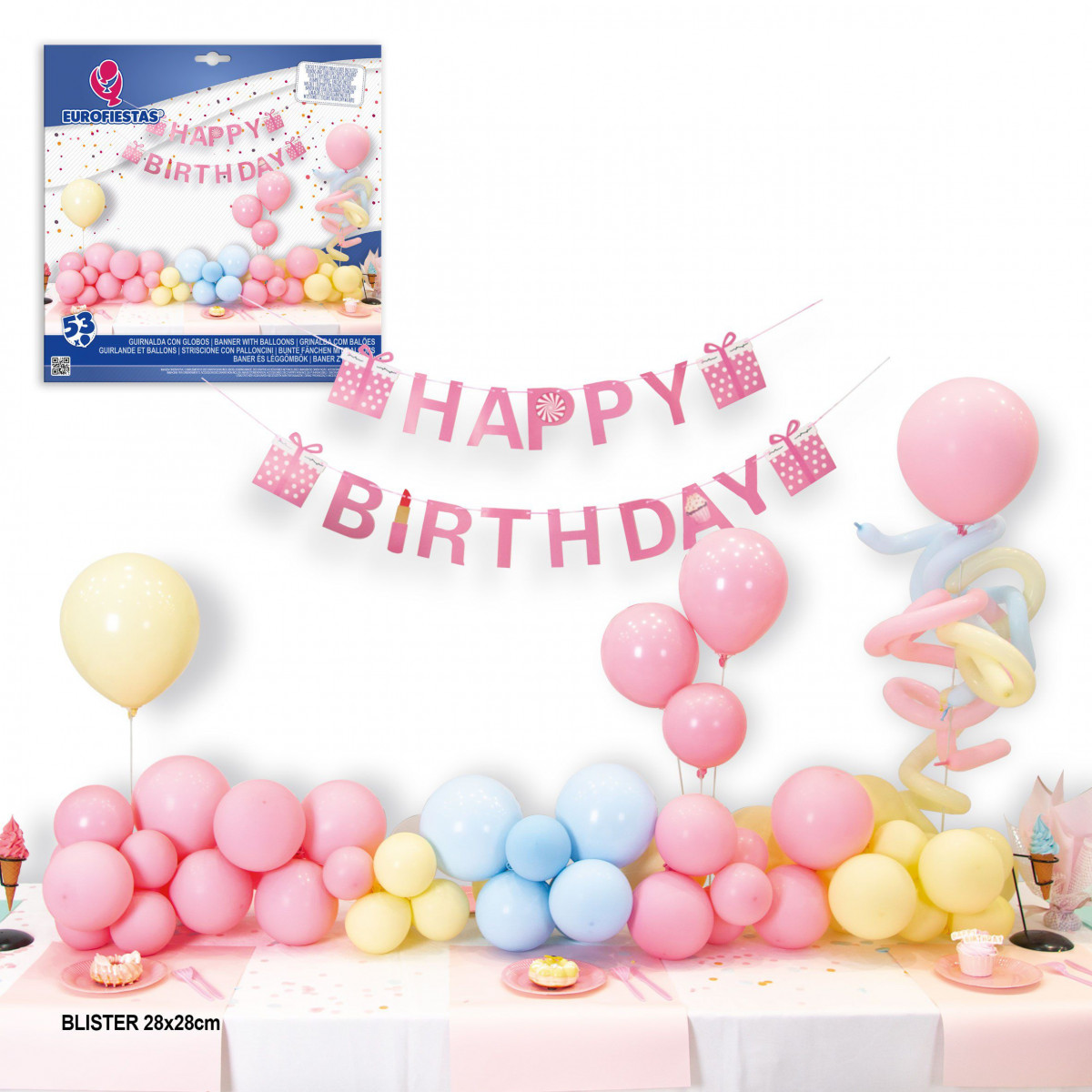 Conjunto de 53 balões em cores pastel, guirlanda "happy birthday" e 2 árvores.