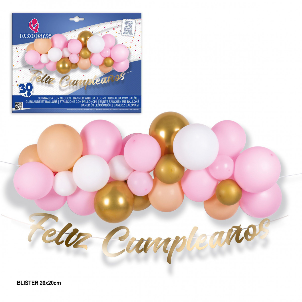 Conjunto de 30 balões rosa e ouro com guirlanda de feliz aniversário em ouro.