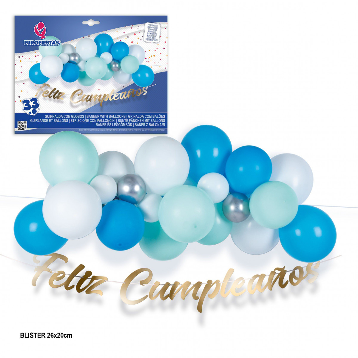 Conjunto de nuvem de 33 balões azuis e brancos com guirlanda feliz aniversário dourada.