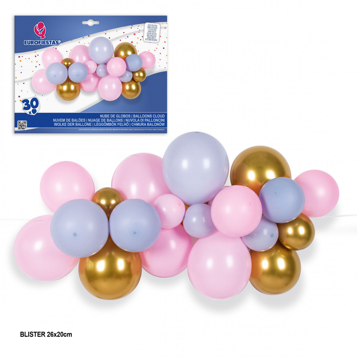 Conjunto de 30 globos rosa, dourado e cinza.