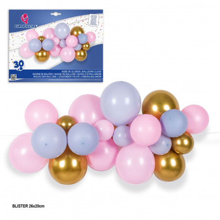 Conjunto nuvem de 30 balões em ouro rosa e cinza