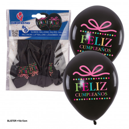 Globos 6 impressos pretos feliz aniversário