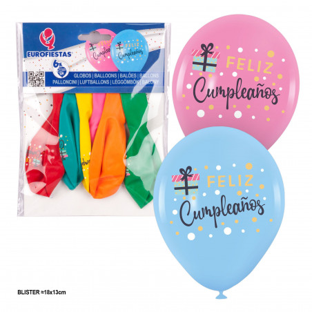 Balões 6 cores estampadas feliz aniversário presente e bolinhas
