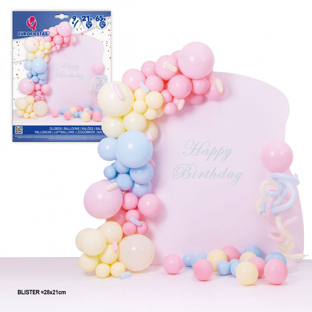 Conjunto orgânico de balões pastel com coluna de balões.