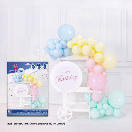 Conjunto orgânico de balões pastel com balões transparentes.