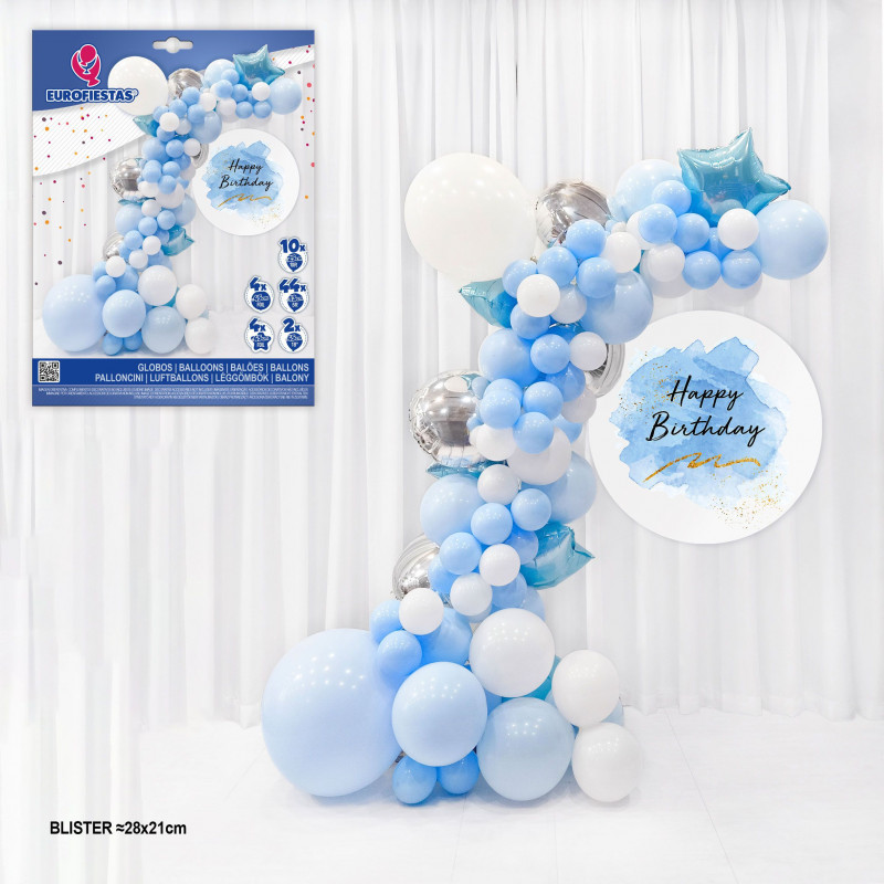 Conjunto orgânico de balões prata e azul.